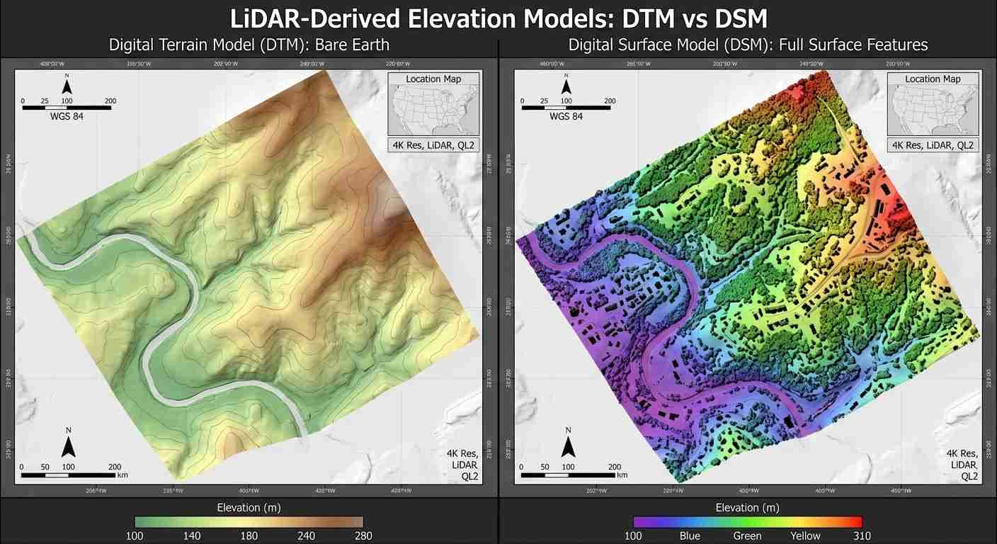 مقایسه مدل زمین (DTM) و مدل سطحی (DSM) تولیدشده از لیدار
