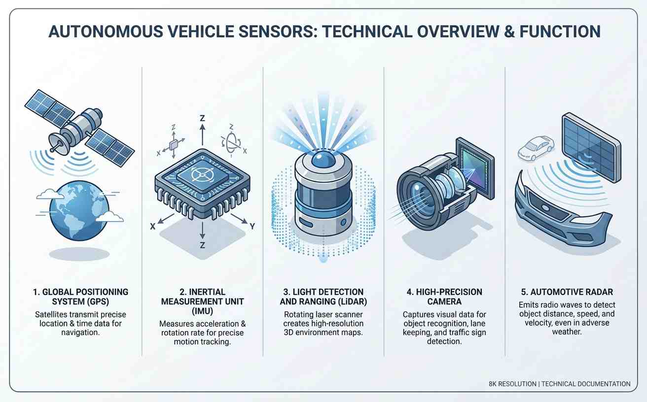 اینفوگرافیک مقایسه پنج سنسور اصلی؛ GPS، IMU، LiDAR، دوربین و رادار