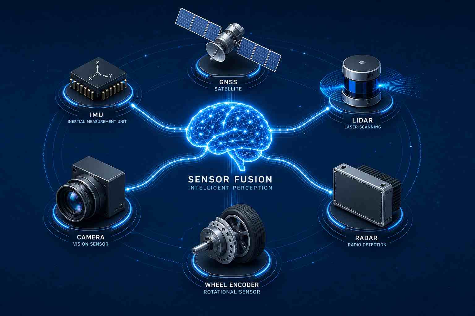 مقایسه سنسورهای GNSS، IMU، LiDAR، دوربین، رادار و انکودر چرخ از نظر مزایا، محدودیتها و نقش در Sensor Fusion