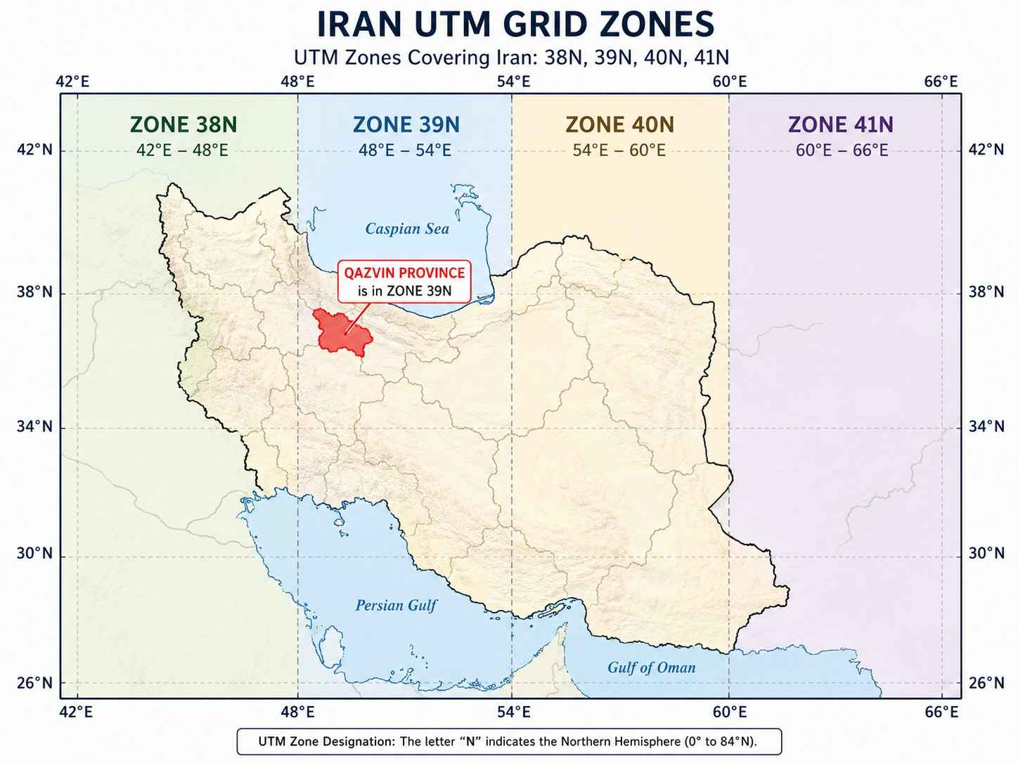 تقسیمات زونبندی UTM بر روی نقشه ایران؛ استان قزوین در زون ۳۹ قرار دارد.