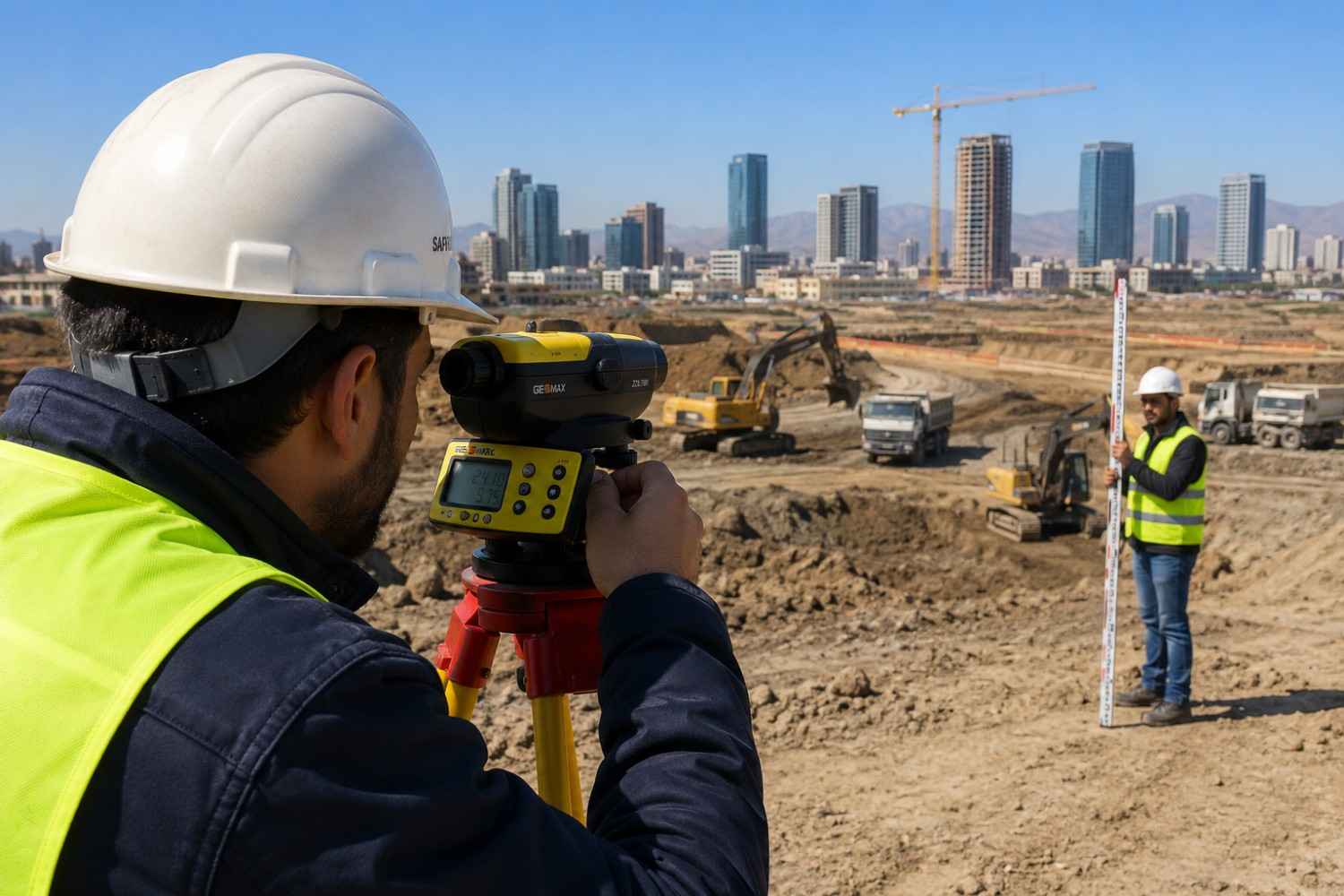 انجام عملیات ترازیابی هندسی با دستگاه ترازیاب دیجیتال در یک پروژه عمرانی بزرگ - دقت میلی‌متری در اندازه‌گیری اختلاف ارتفاع
