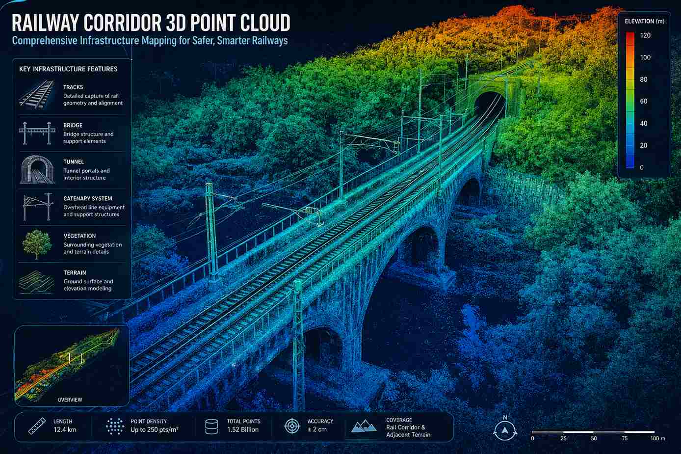 ابرنقاط LiDAR از مسیر راه آهن با تأسیسات جانبی