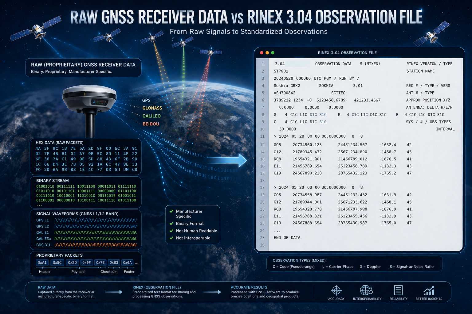 تبدیل داده‌های خام گیرنده‌های GNSS به فرمت استاندارد RINEX؛ گام نخست برای دستیابی به دقت سانتی‌متری.