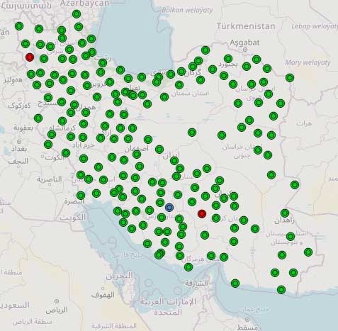 نمایش شماتیک شبکهٔ ایستگاه‌های مرجع دائمی شمیم؛ پوشش سراسری با ۱۴۴ ایستگاه